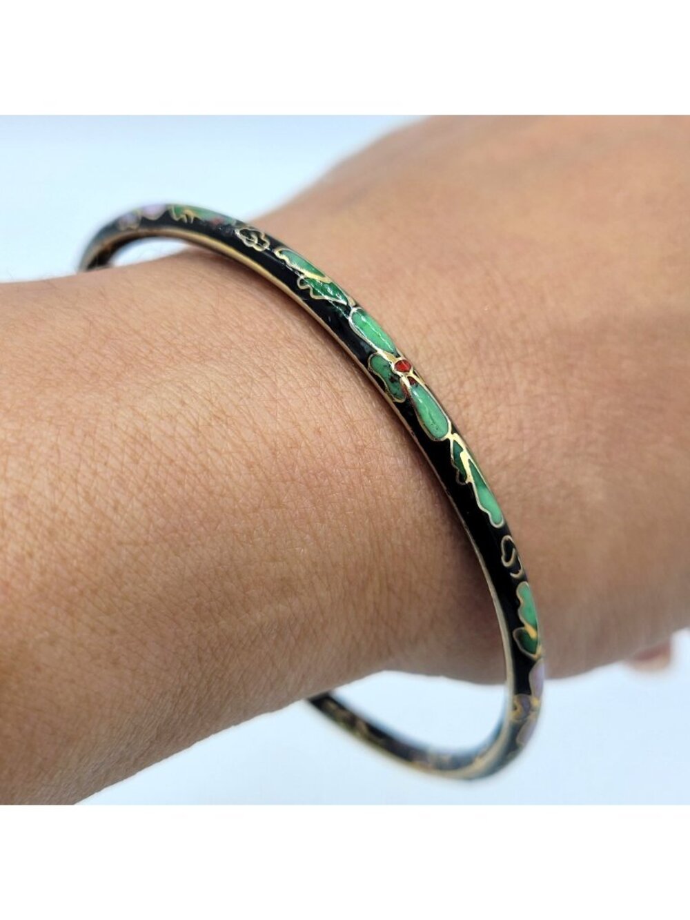 Vintage Cloisonne Black Bangle Bracelet 8" Layering Stacking